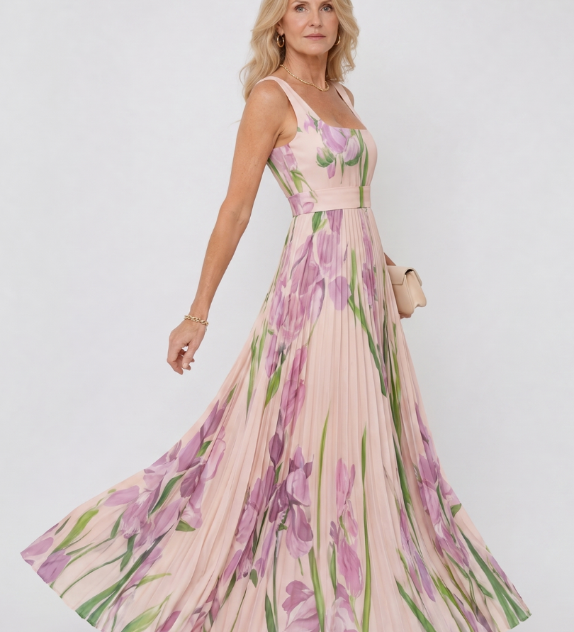 Abito Midi Senza Maniche in Satin con Scollatura Quadrata e Pieghe Eleganti