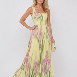 Abito Midi Senza Maniche in Satin con Scollatura Quadrata e Pieghe Eleganti