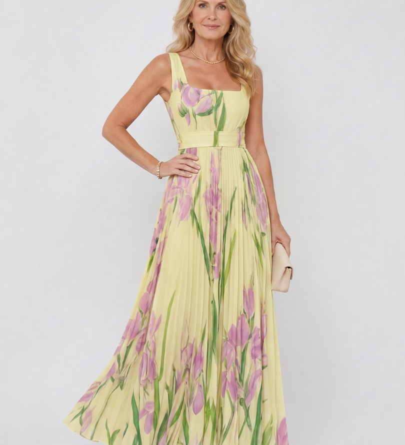 Abito Midi Senza Maniche in Satin con Scollatura Quadrata e Pieghe Eleganti
