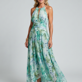 Robe Midi Portia in Crêpe Plissé con Collo Halter e Stampa Floreale