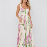 Abito Midi Senza Maniche in Satin con Scollatura Quadrata e Pieghe Eleganti