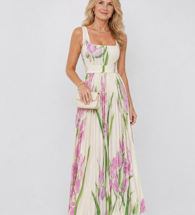 Abito Midi Senza Maniche in Satin con Scollatura Quadrata e Pieghe Eleganti