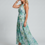 Robe Midi Portia in Crêpe Plissé con Collo Halter e Stampa Floreale