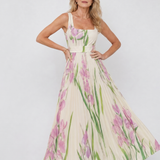 Abito Midi Senza Maniche in Satin con Scollatura Quadrata e Pieghe Eleganti