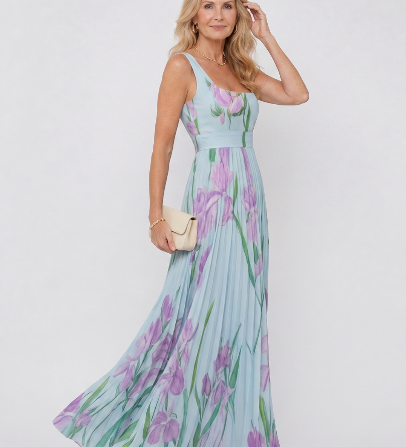 Abito Midi Senza Maniche in Satin con Scollatura Quadrata e Pieghe Eleganti