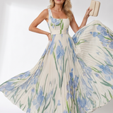 Abito Midi Senza Maniche in Satin con Scollatura Quadrata e Pieghe Eleganti