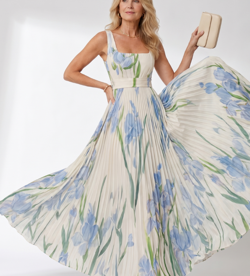 Abito Midi Senza Maniche in Satin con Scollatura Quadrata e Pieghe Eleganti
