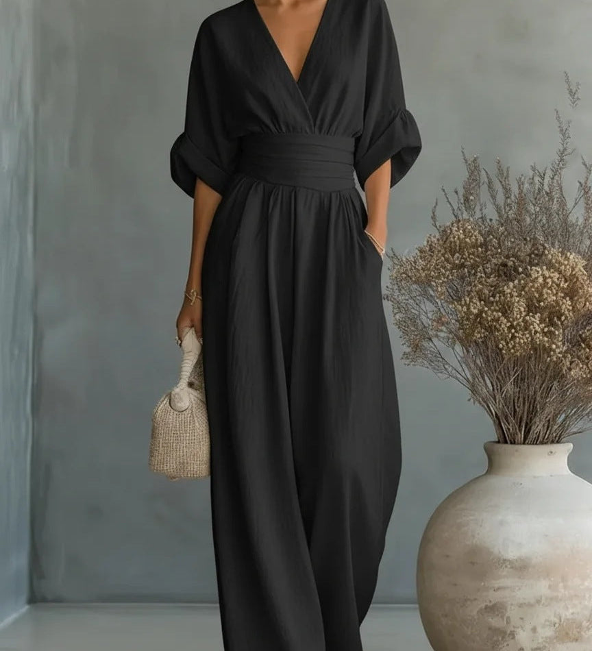Abito Elegante a V, Schiena Nuda e Maniche Fluide