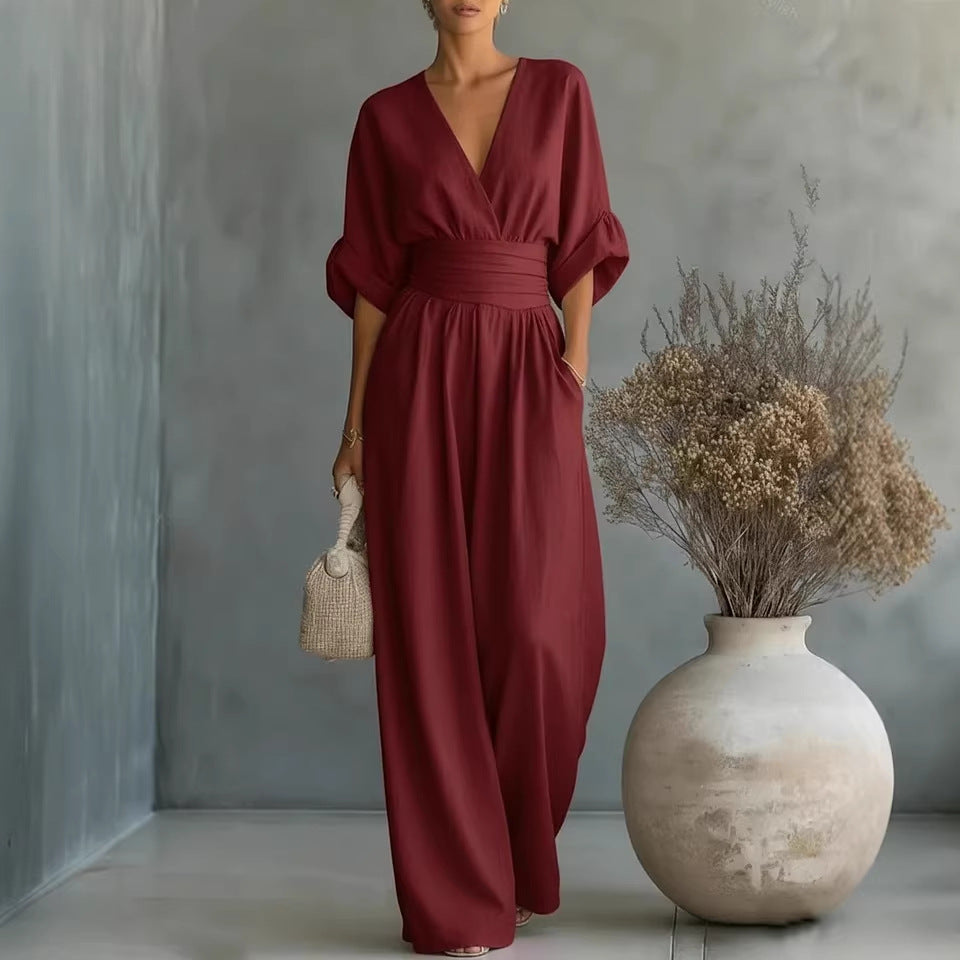 Abito Elegante a V, Schiena Nuda e Maniche Fluide