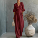 Abito Elegante a V, Schiena Nuda e Maniche Fluide