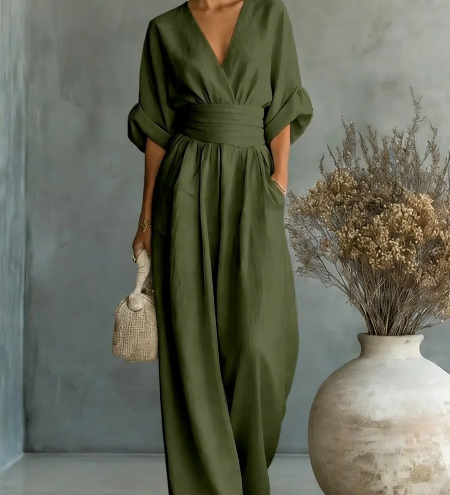 Abito Elegante a V, Schiena Nuda e Maniche Fluide