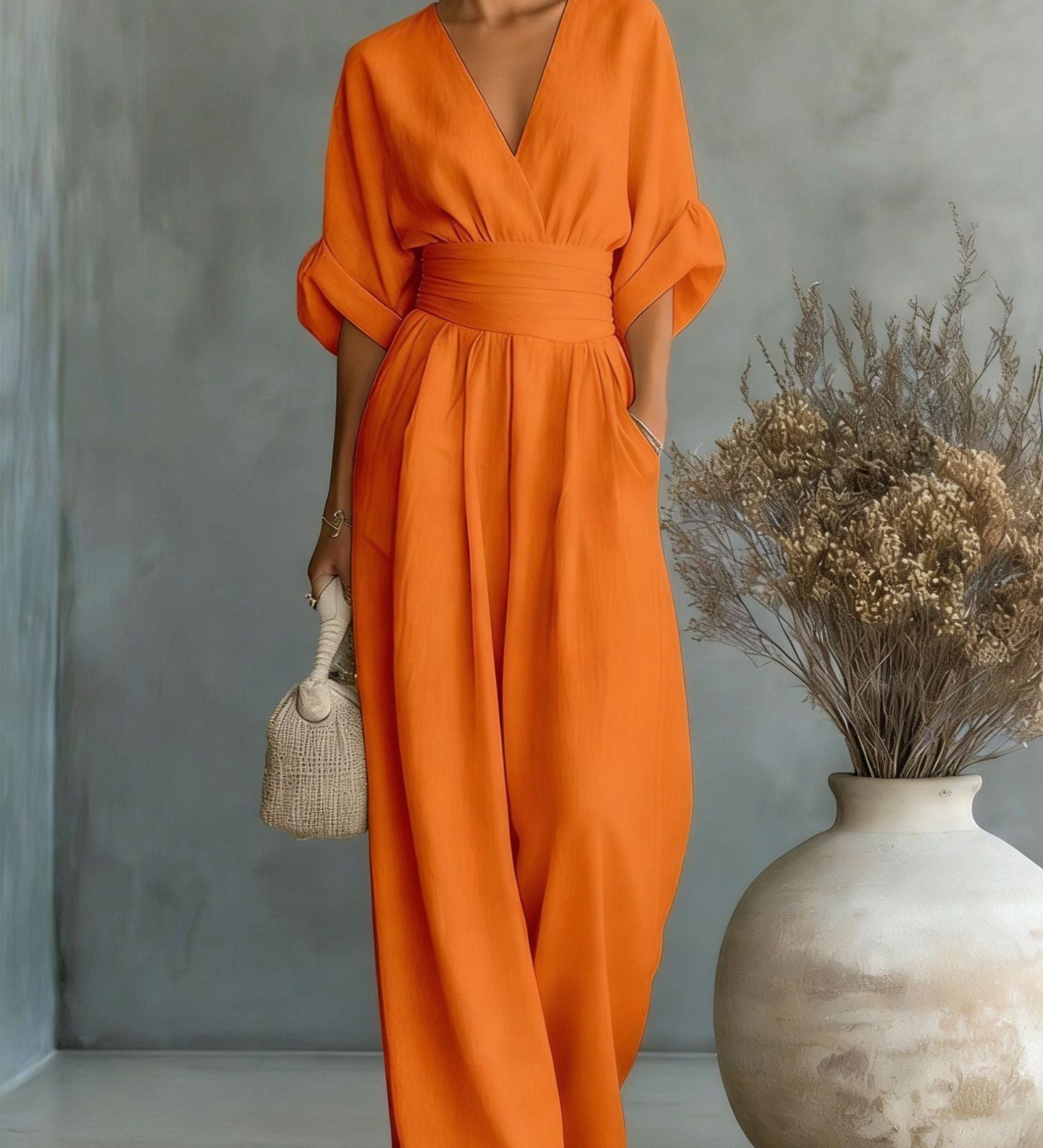 Abito Elegante a V, Schiena Nuda e Maniche Fluide