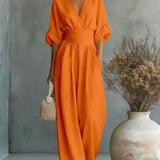 Abito Elegante a V, Schiena Nuda e Maniche Fluide