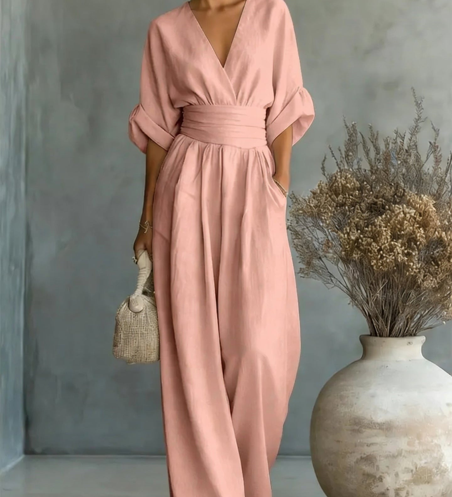 Abito Elegante a V, Schiena Nuda e Maniche Fluide