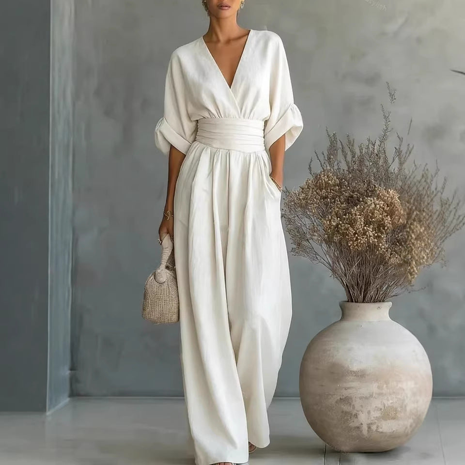 Abito Elegante a V, Schiena Nuda e Maniche Fluide