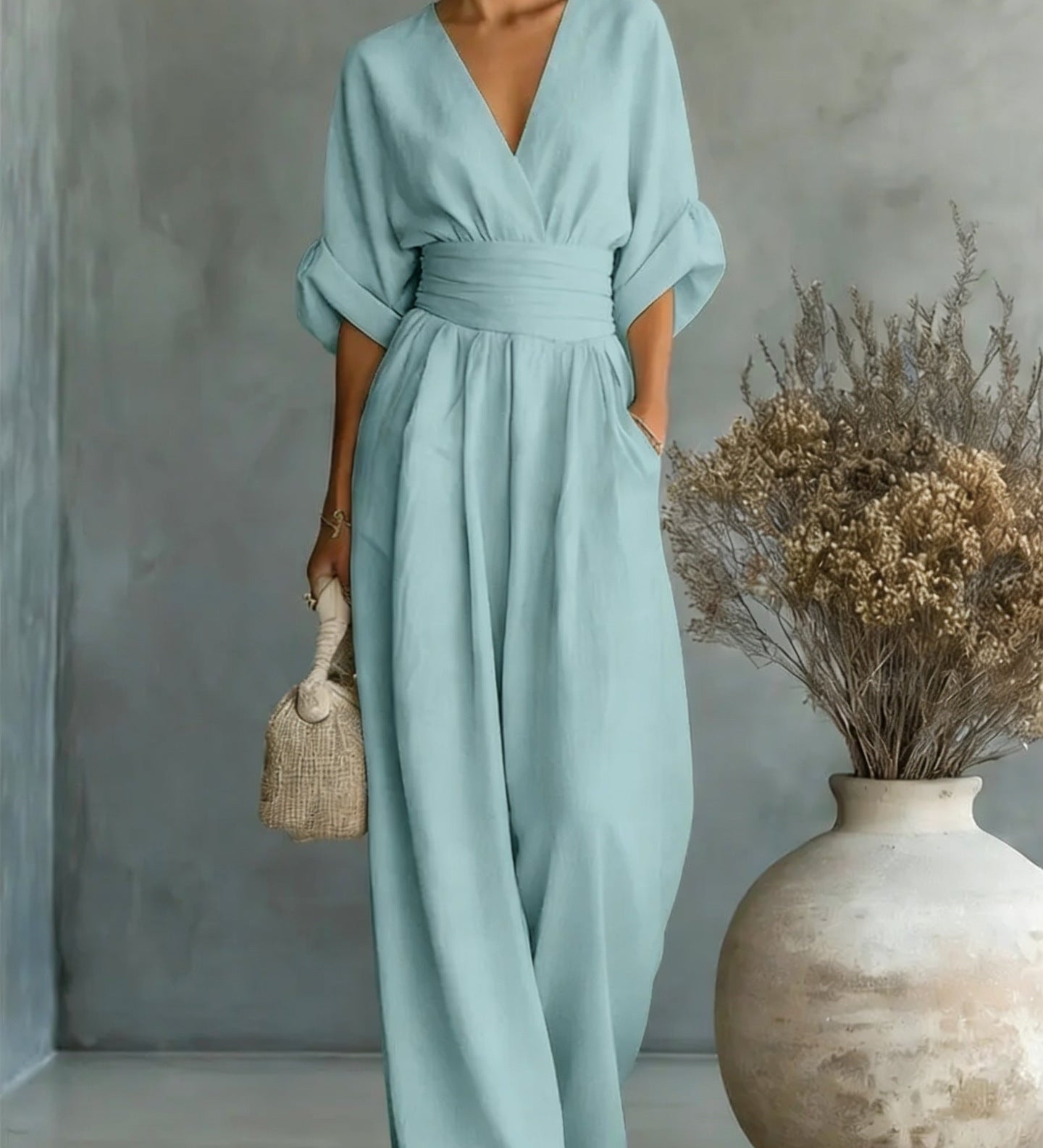 Abito Elegante a V, Schiena Nuda e Maniche Fluide