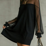 Amélie™ | Mini Abito Nero Elegante con Maniche in Pizzo