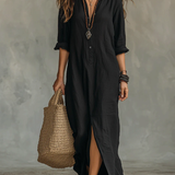 Soline™ | Abito Maxi Nero Lungo con Bottoni