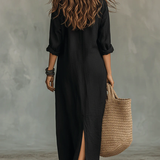 Soline™ | Abito Maxi Nero Lungo con Bottoni