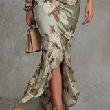 Robe lunga asimmetrica in satin verde con scollatura a V - Ana