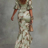 Robe lunga asimmetrica in satin verde con scollatura a V - Ana